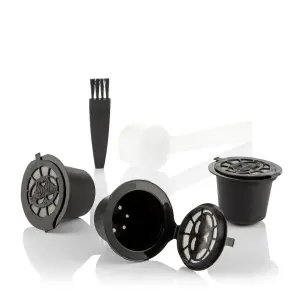 Innovagoods Recoff Pack de 3 Capsulas de Cafe Reutilizables - Acero Inoxidable - Facil Limpieza - Compatible con Cafeteras Nespresso - Sostenible y Ecologico - 3.9x3cm - Color Negro