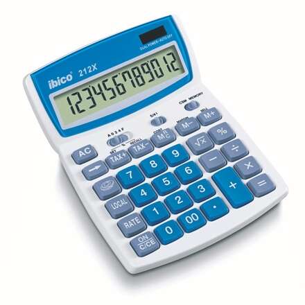 Ibico 212X Calculadora De Sobremesa Pantalla Lcd De 12 Digitos Inclinable - Teclas De Relieve - Funcion Impuestos Y Redondeo - Color Blanco/Azul/Gris