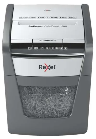 Rexel Optimum AutoFeed 50X Destructora Automática P-4, Alimentación 50 Hojas, 20L, Gris/Plata