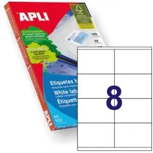Apli Etiquetas Adhesivas 105x70mm Inkjet/Láser 8x100 Hojas Blancas