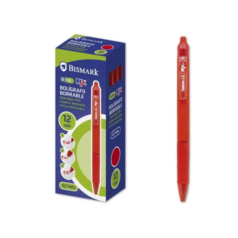 Bismark Fix Boligrafo Retractil Borrable - Punta Fina 0.7Mm - Con Clip - Color Rojo