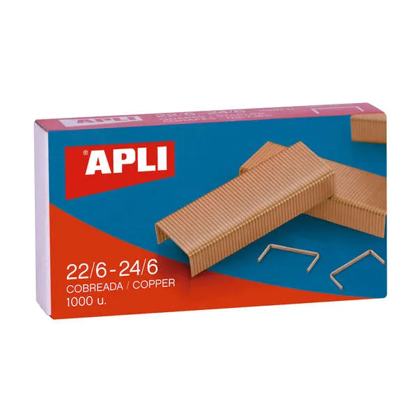 Apli Grapas De Cobre Galvanizadas 22/6 - 24/6 - Capacidad De 30 Hojas - Material Duradero Y Resistente - Extremos Afilados Para Un Grapado Preciso