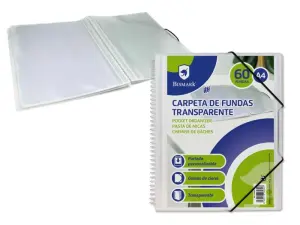 Bismark Carpeta Espiral con 60 Fundas Transparentes A4 - Polipropileno - Portada Personalizable - Espiral Plastica Indeformable - Apertura 360 Grados - Gomas de Cierre