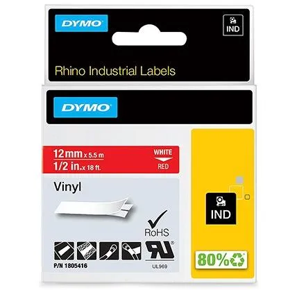 Dymo Cinta De Etiquetas Industrial Adhesiva Id1-12 - Blanco Sobre Rojo - 12Mmx5´5M - Vinilo - Rotuladora Rhino