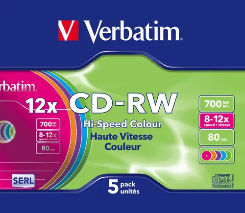 Verbatim Cd-Rw, 700Mb, 12X, 5 Pack Slim Case, Colour Surface Regrabable