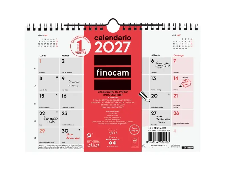 Finocam Calendario de Pared Anual 2027 Mes Vista Formato S 210x150mm Rojo y Blanco
