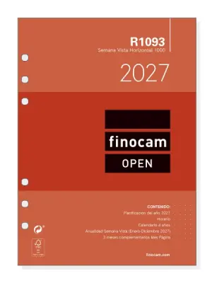 Finocam R1093 Recambio Agenda Open Anual 2027 Semana Vista Horizontal 155x215mm 6 Taladros Papel 80g/m2 Color Blanco