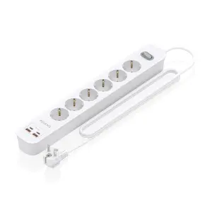 Aisens Regleta con 6 Tomas Schuko - 2xUSB-C - 2xUSB-A - Cable de 1.4m - Interruptor con Indicador LED - Power Delivery - Qualcomm 3.0 - Color Blanco