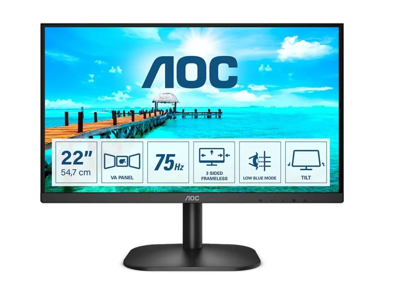 AOC Monitor 21.5" WLED Full HD 75Hz, Ángulo de Visión 178°, HDMI, VGA, Audio, VESA 100x100