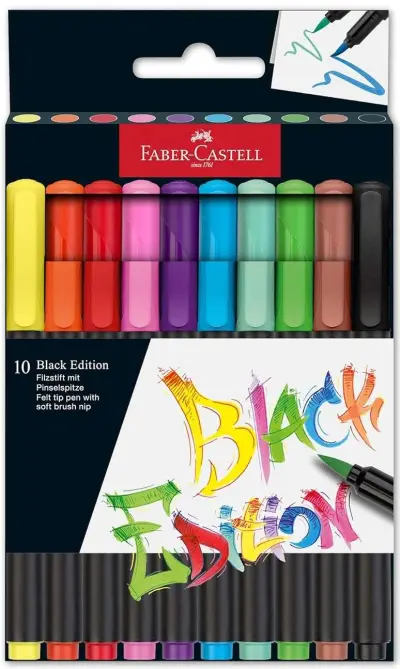 Faber-Castell Black Edition Pack de 10 Rotuladores Punta Pincel - Tinta Colorante Alimentaria