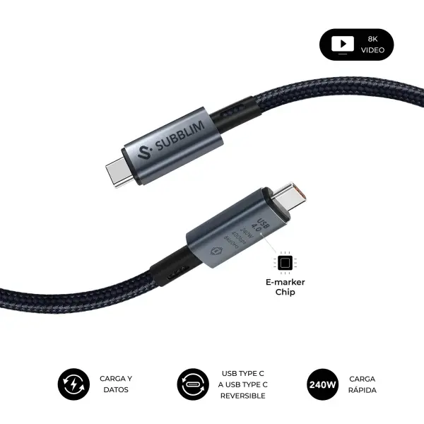 Subblim Cable High Usb-C - 240W - Nylon Trenzado - 40Gbps - Chip E-Marker - 1.5 Metros - Color Negro
