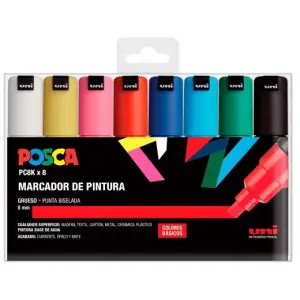 POSCA Marcador PC-8K Punta Biselada 8.0mm Colores Surtidos - Estuche 8 Unidades
