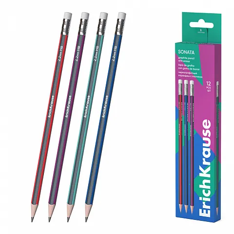 Erichkrause Sonata Lapiz de Grafito HB Triangular con Goma de Borrar - Facil Afilado - No Araña el Papel - Madera Seleccionada - Resistente al Impacto - Cuerpo de Colores Surtidos