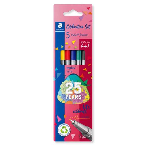 Staedtler Triplus Fineliner 334 Pack De 5 Rotuladores De Punta Fina - Trazo 0.3Mm Aprox - Tinta Base De Agua - Colores Surtidos