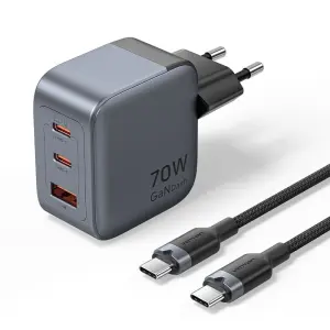 Vention Cargador de Pared 70W GaN con Cable 1m, 2xUSB-C, USB-A, Carga Rápida PD, PPS, Gris