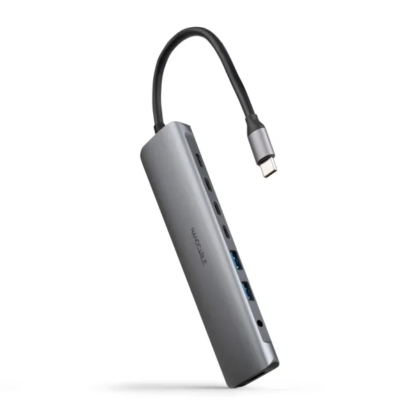 Nanocable Hub Usb-C 8 En 1 - Conversor Usb-C 3.1 A 2 X Usb-A 3.0 + 3 X Usb-C 3.0 + Usb-C Pd 100W + Hdmi 4K@60Hz + Audio Jack 3.5 - Aluminio - 18Cm - Color Gris