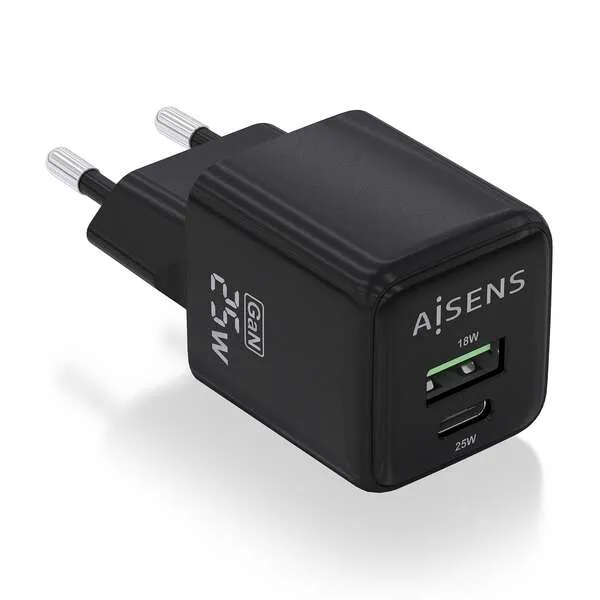 Aisens Cargador Gan 25W USB-C PD3.0 QC4.0 y USB-A QC3.0 Color Negro