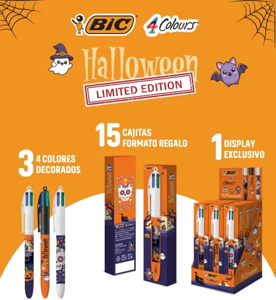 Bic 4 Colours Halloween Expositor con 15 Bolígrafos Retráctiles - Punta Media 1.0mm