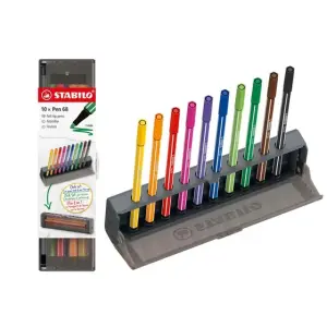 Stabilo Pen 68 Set de 10 Rotuladores de Punta de Fibra - Trazo 1mm - Tinta a Base de Agua - Colores Surtidos