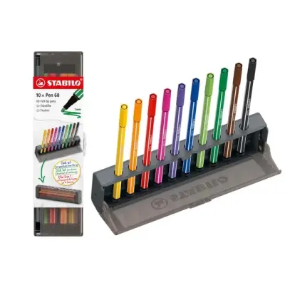 Stabilo Pen 68 Set de 10 Rotuladores de Punta de Fibra - Trazo 1mm - Tinta a Base de Agua - Colores Surtidos