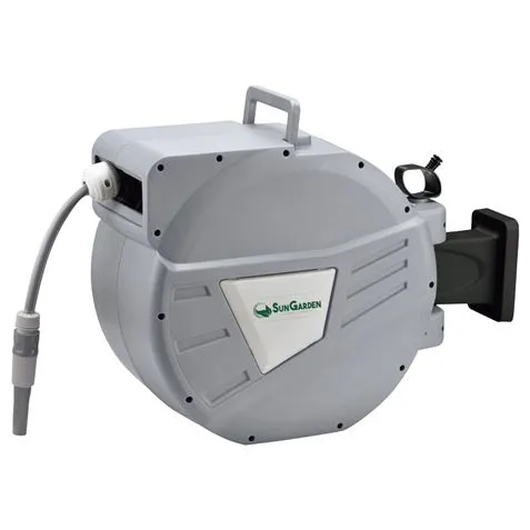 Sungarden Sg0166 Manguera 30 Metros - Recogedor Automatico Con Guia - Funcion De Retraccion Lenta - Soporte Para Instalacion En Pared - Giro 180 - Color Gris