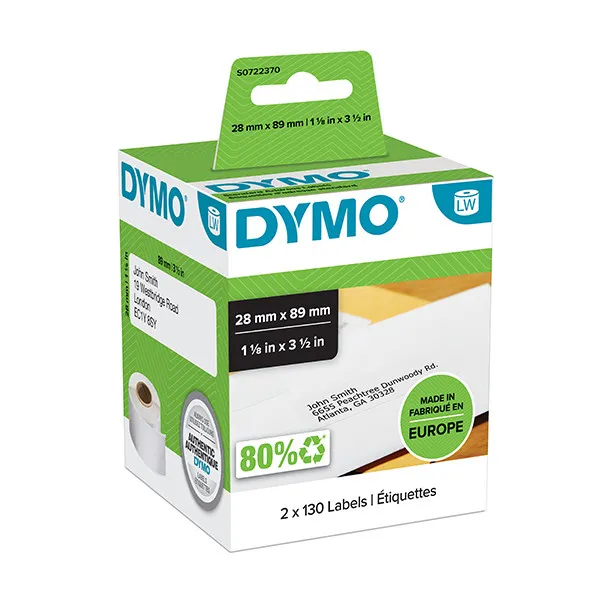 Dymo Etiquetas Transferencia Térmica 99010 Negro Sobre Blanco 28x89mm (2 Rollos - 130 Uds)