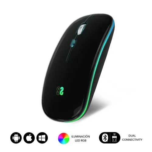 Subblim Ratón LED Dual Flat - Conectividad Dual, Silent Click, Iluminación LED 7 Colores, Negro