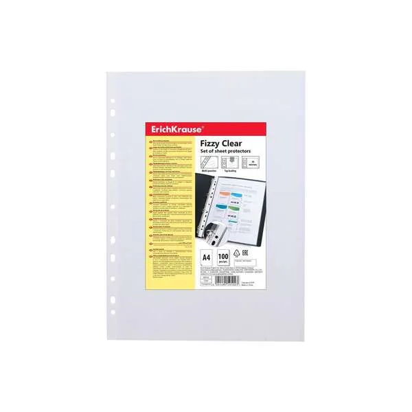 Erichkrause Fizzy Clear Pack De 100 Fundas Multitaladro A4 30Mic - 11 Taladros - Acabado Rugoso - Transparente