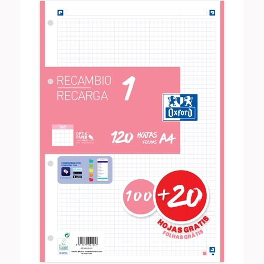 Oxford Recambio Classic 120 Hojas A4 Sueltas 90Gr 5X5Mm 4 Taladros 1 Banda Color Rosa Chicle