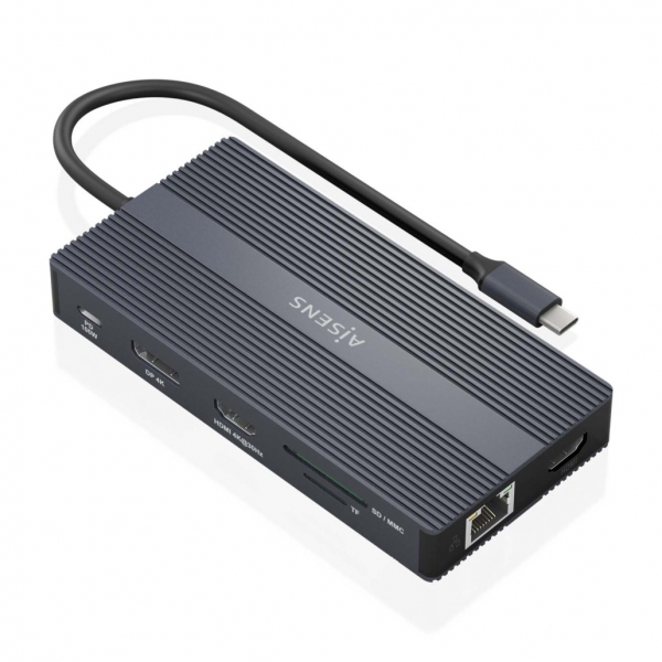 Aisens Conversor Usb-C 12 En 1 - Carcasa De Aluminio - Ligero Y Portatil - Conexion A 3 Pantallas - Power Delivery 100W - Ethernet Rj45 - Puertos Usb-A Y Usb-C - Lectores De Tarjetas Sd Y Micro Sd