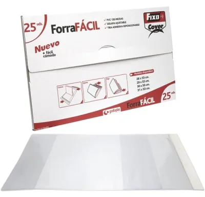 Fixo Forro Libros Sin Adhesivo Solapa Ajustable 120 Micras Pvc 0,28X0,53M Transparente Envase De 25