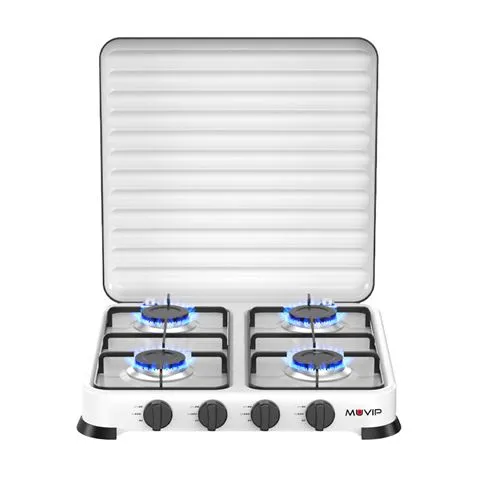 Muvip Cocina de Gas 4 Fuegos con Tapa Protectora y Superficie Esmaltada - 47.8x47.8x60cm - Blanco
