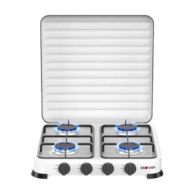 Muvip Cocina de Gas 4 Fuegos con Tapa Protectora y Superficie Esmaltada - 47.8x47.8x60cm - Blanco