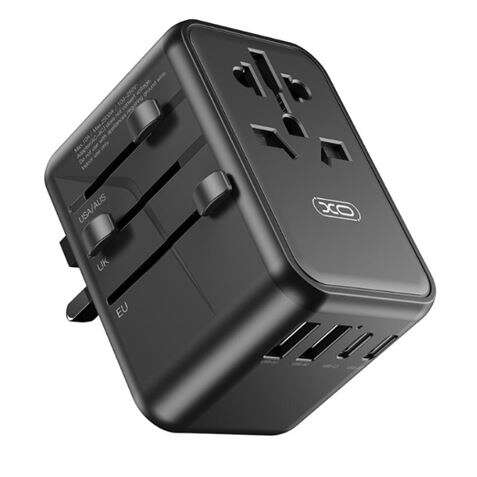 Xo Adaptador De Viaje Universal - Conexiones Para Mas De 150 Paises - Salida De Hasta 2500W - Puerto Usb-C De 65W - Salida De Cinco Puertos - Color Negro