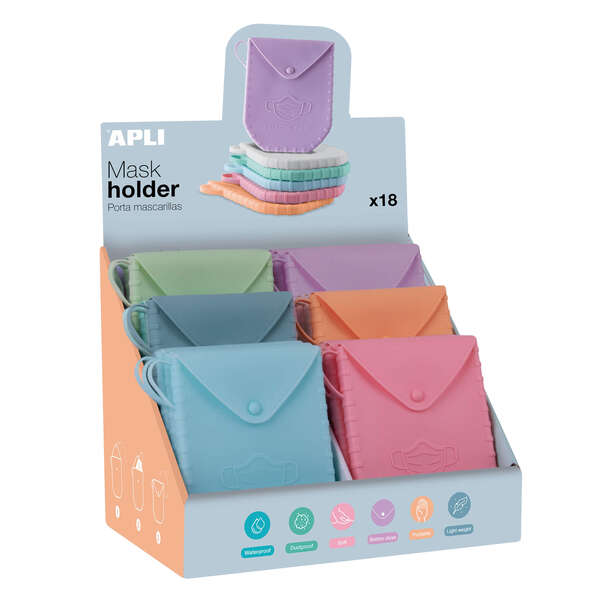 Apli Expositor De Porta Mascarillas De Silicona - 140X110X1.5 Mm - Textura Suave - 18 Fundas De Diferentes Colores - Cierre De Boton - Asa Para Colgar - Faciles De Limpiar Y Esterilizar