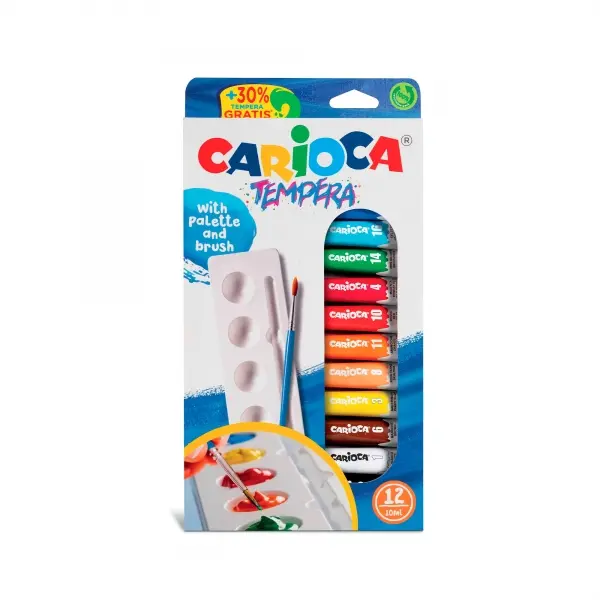 Carioca Pack De 12 Tubitos De Tempera 10Ml + Pincel Y Paleta - Alto Poder Cubriente - Aplicable En Materiales Porosos - Colores Surtidos