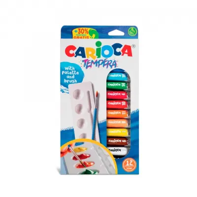 Carioca Pack de 12 Tubitos de Témpera 10ml con Pincel y Paleta - Colores Surtidos