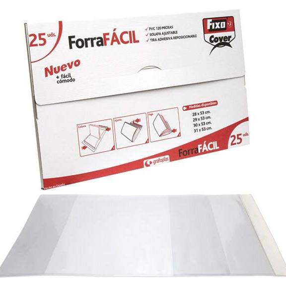Fixo Forro Libros Sin Adhesivo Solapa Ajustable Pvc 120 Micras 0,29X0,53M Transparente Caja 25