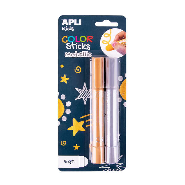 Apli Color Sticks Temperas Solidas - Pack 2 Unidades De 6G En Colores Metalizados - No Manchan, Acabado Satinado, Secado Rapido - Efecto Cera O Tempera Segun Presion - Flexible Y Sin Disolventes