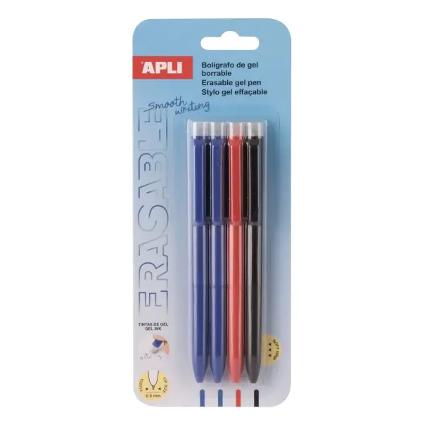 Apli Gel Borrable Blister con 4 Bolígrafos de Tinta Gel 0,5mm - Azul, Negro y Rojo