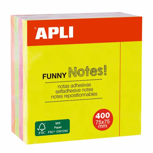 Apli Cubo De Notas Adhesivas Funny 75X75mm 400 Hojas Colores Fluorescentes Surtidos