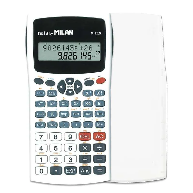 Milan M240 Calculadora Cientifica 10+2 Digitos - Pantalla De 2 Lineas - 240 Funciones Integradas Incluyendo 124 Cientificas - Carcasa Protectora - Color Blanco/Gris/Azul