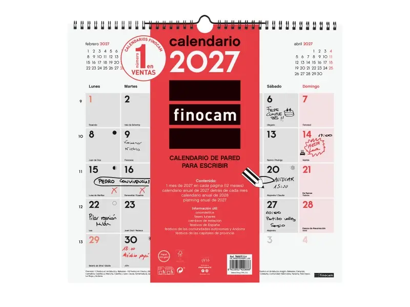 Finocam Calendario de Pared Anual 2027 Mes Vista Formato L 340x320mm Rojo y Blanco