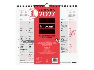Finocam Calendario de Pared Anual 2027 Mes Vista Formato L 340x320mm Rojo y Blanco