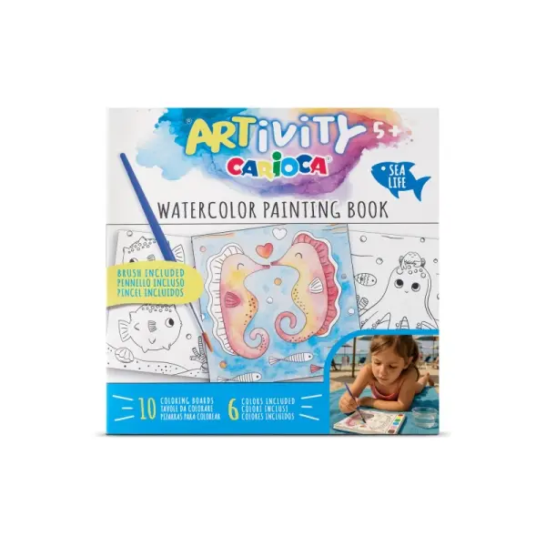 Carioca Artivity Acuarelas Sea Life Libro Para Colorear Con Acuarelas - Cada Pagina Contiene Una Paleta Con 6 Colores De Acuarela - Pincel Incluido