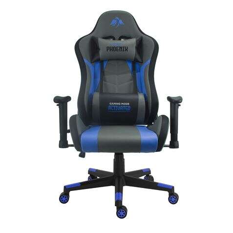 Cromad Serie Phoenix Silla Gaming - Altura Regulable Con Piston De Gas Clase 2 - Reclinable Hasta 180º - Cojines Lumbar Y Cervical - Color Gris/Azul/Negro