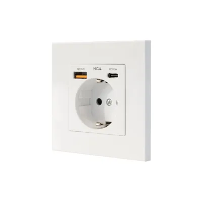 Nanocable Roseta Base de Enchufe de Pared Empotrable Tipo Schuko - 1xUSB-A QC 3.0, 1xUSB-C PD - 3.4A - Color Blanco