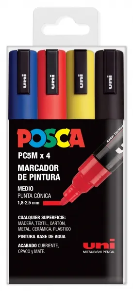 Posca Pc-5M Pack De 4 Marcadores De Pintura - Punta De Bala 1.8-2.5Mm - Tinta Base Al Agua - No Permanente - Resistente A La Luz - Colores Azul, Rojo, Amarillo Y Negro