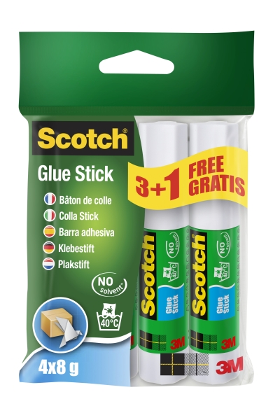 Scotch Pack De 4 Pegamentos En Barra Adhesivo Solido - 8Gr Por Unidad - Promocion 3 Barras + 1 Gratis - Color Transparente