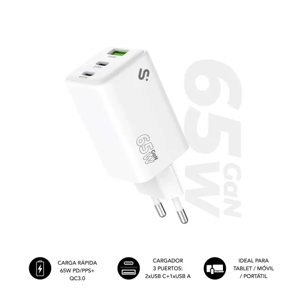 Subblim Cargador De Pared Gan 65W - 3 Puertos (2Xusb-C + 1Xusb-A) -  Carga Ultra Rápida - Color Blanco
